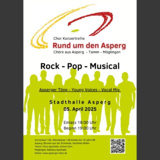 🎶 Chorkonzert "Rund um den Asperg" – Wir sind zurück! 🎶
Nach einer Pause ist es endlich wieder so weit! Der Chor "Asperger Töne" lädt gemeinsam mit den "Young Voices" aus Tamm (@gesangverein.tamm) und "Vocal Mix" aus Möglingen zum großen Chorkonzert ein.
Freut euch auf eine mitreißende Mischung aus Rock, Pop und Musical!
📅 Datum: 5. April 2025
📍 Ort: Stadthalle Asperg
⏰ Einlass: 18:00 Uhr | Beginn: 19:00 Uhr
🎟 Tickets:
➡️ Vorverkauf: 12 € | Abendkasse: 14 € | Kinder bis 16 Jahre: 8 €
📍 Vorverkaufsstellen:
🔹 Asperg: Blumen aus der Schmiede, Getränke Müller
🔹 Tamm: Flora Apotheke, Schuh Zürn
🔹 Möglingen: Rathaus Apotheke
🔹 Online: www.asperger-töne.de oder direkt über https://eventfrog.de/de/p/konzert/chor/chorkonzert-rund-um-den-asperg-7302421272348084146.html
Kommt vorbei und erlebt einen unvergesslichen Abend voller Musik und Gänsehautmomente! 🎤✨